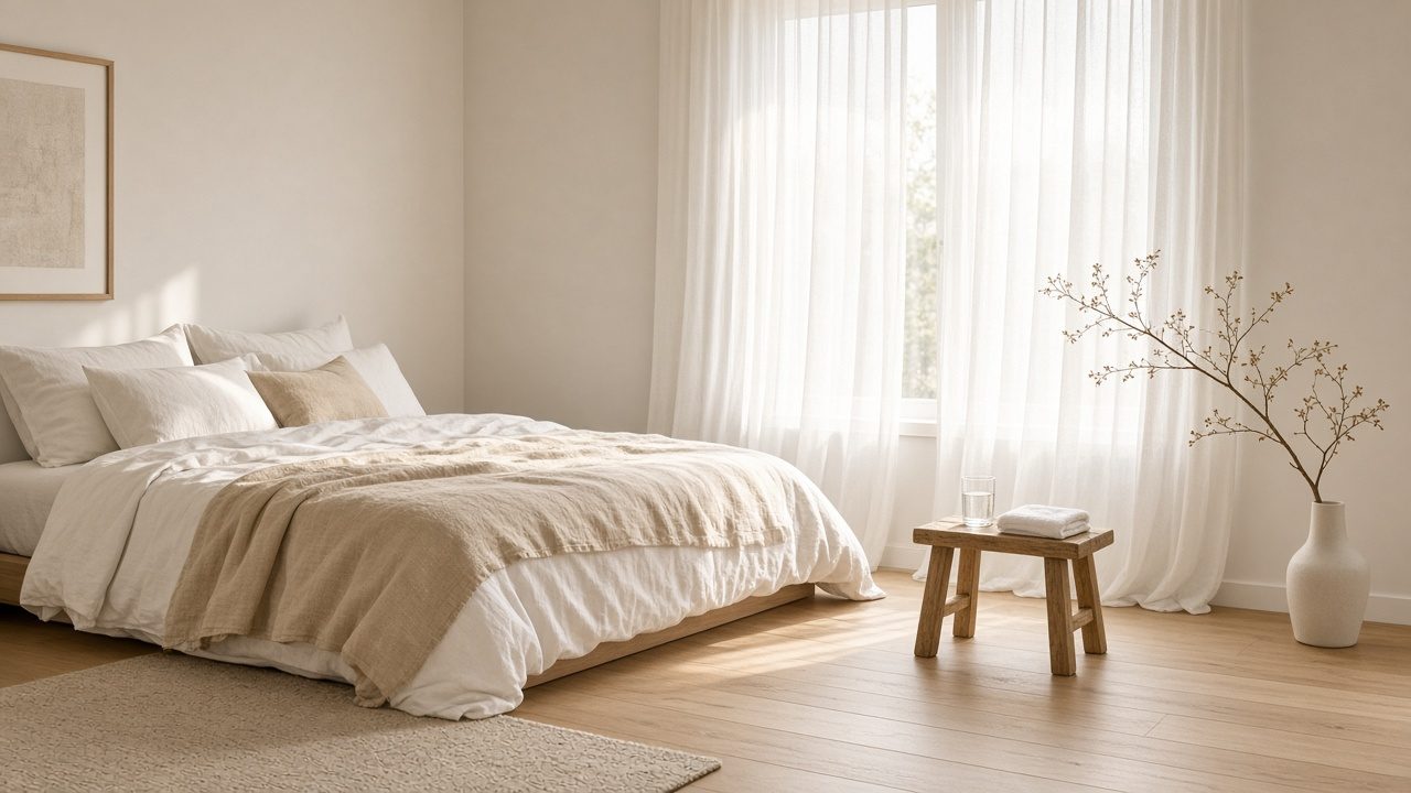 A calm, sunlit modern bedroom with fresh linen, ready for a home birth
