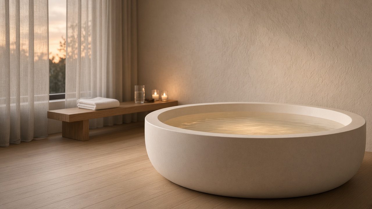 A round birth pool filled with warm water in a serene, softly lit modern room