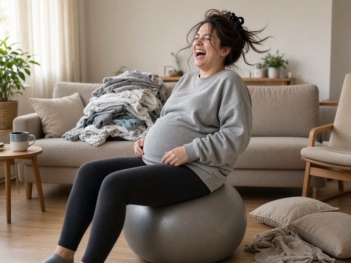A pregnant woman in a sweatshirt laughing as she bounces on a birth ball next to a pile of laundry