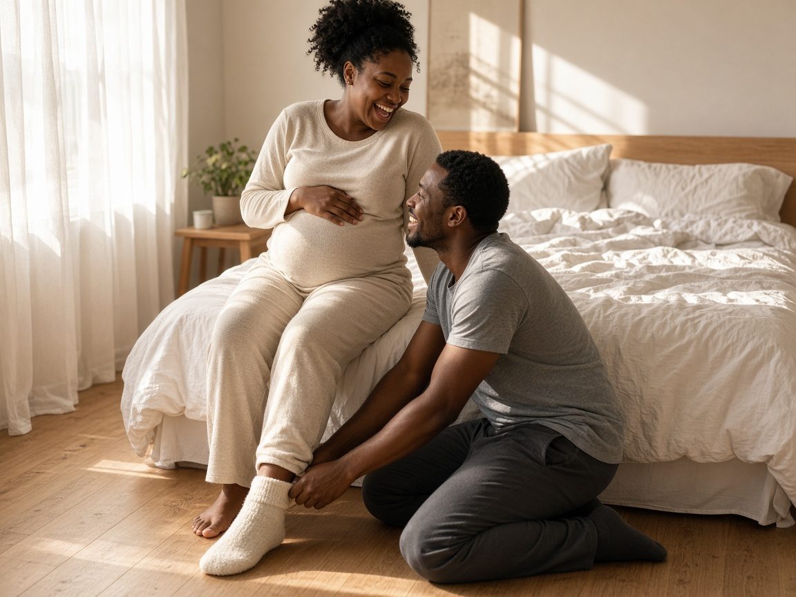 A laughing pregnant woman on the edge of her bed while her husband pulls a fuzzy sock onto her foot