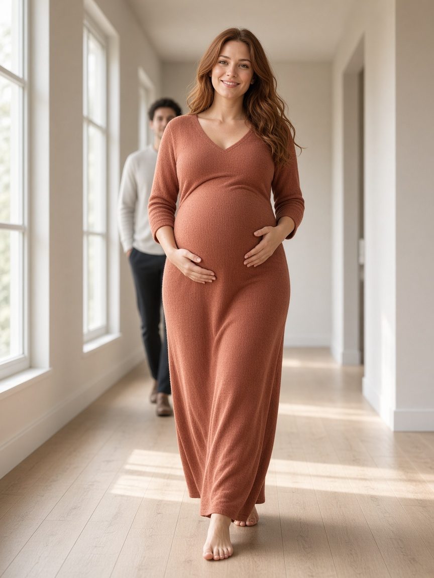 A smiling pregnant woman walking barefoot through a bright home, her partner behind her