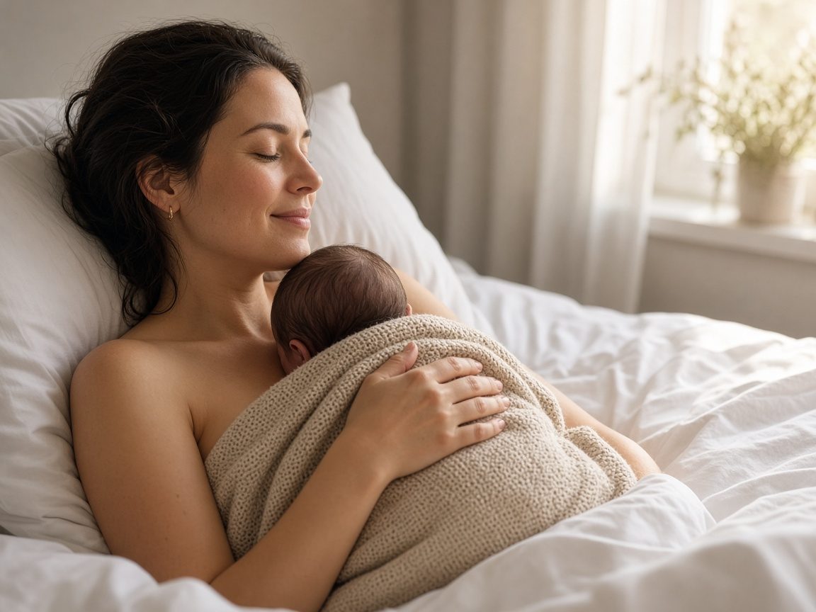 A mother resting peacefully in bed with her newborn skin-to-skin under a soft blanket