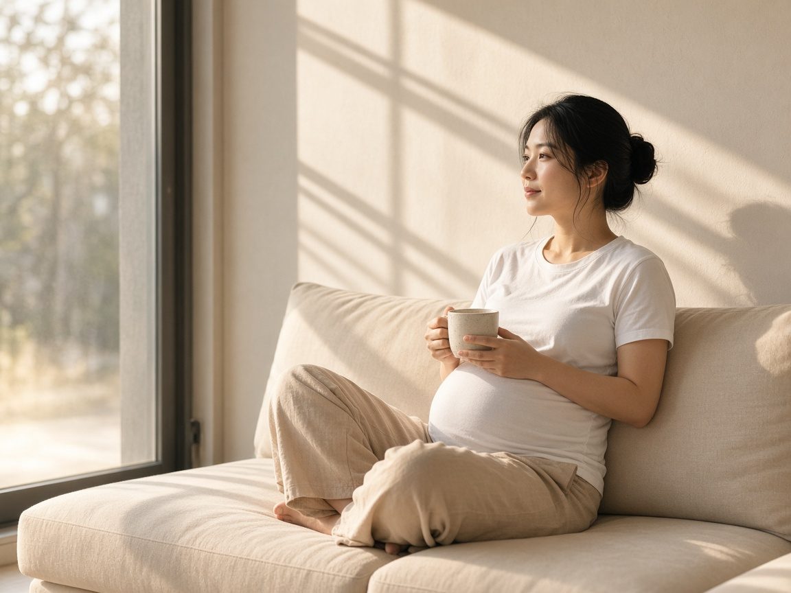 A pregnant woman relaxing on a sofa with a cup of tea in golden evening light
