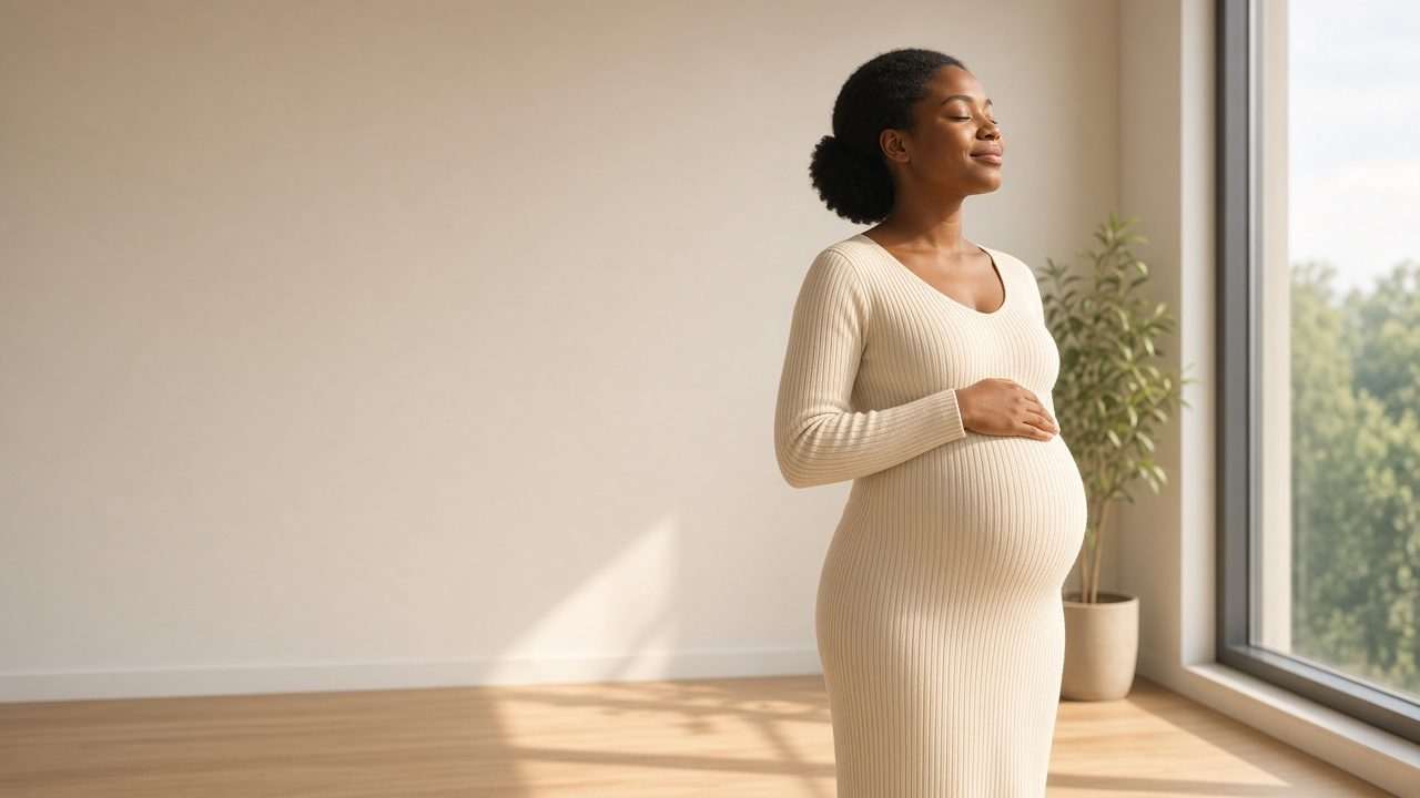 A pregnant woman in a cream dress resting a hand on her belly by a sunlit window at home