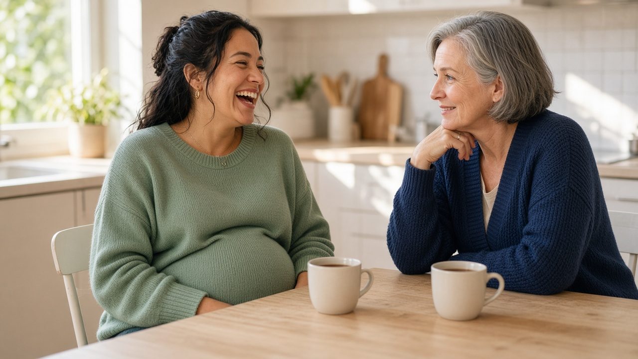 A pregnant woman laughing with her midwife over tea at a kitchen table