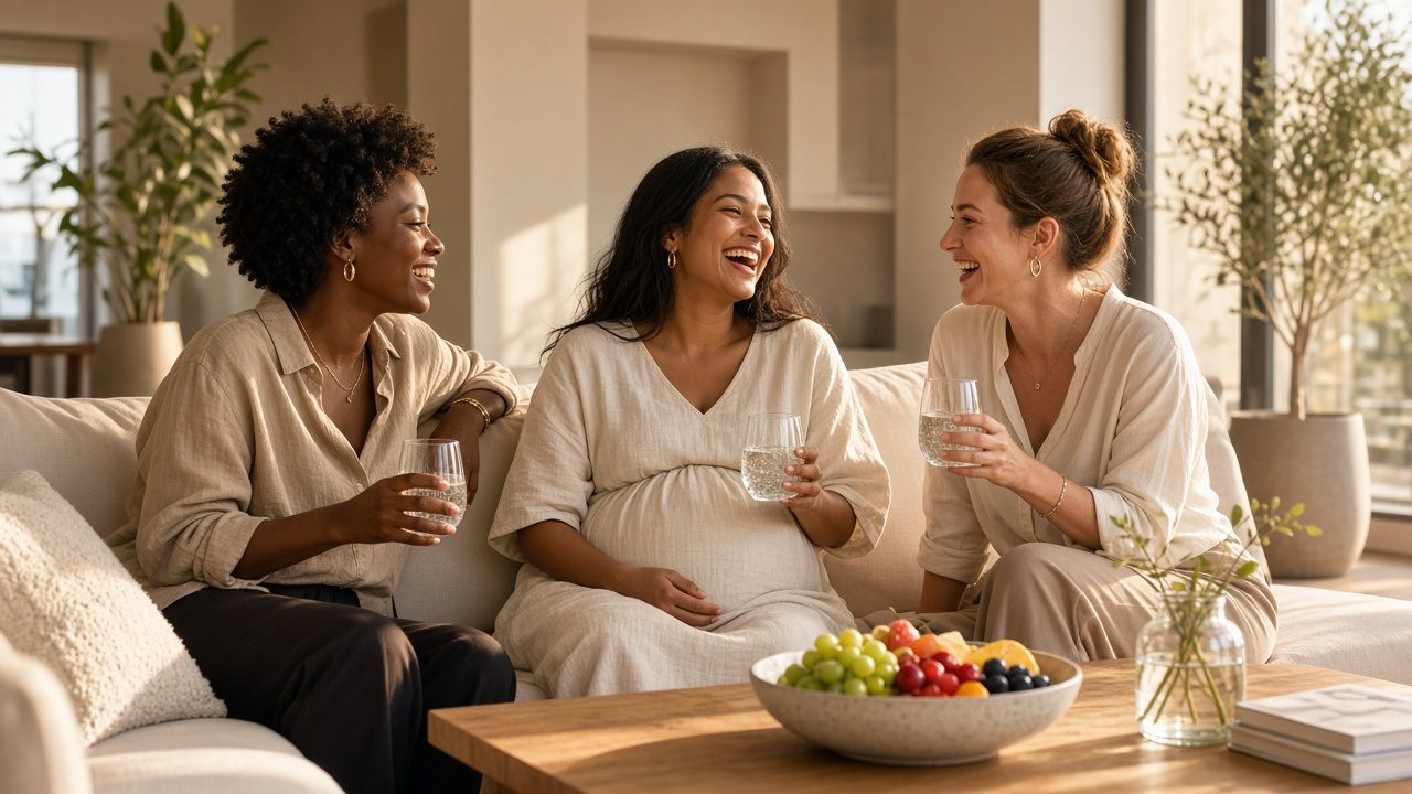 A glowing pregnant woman laughing with two friends on a sunlit sofa at home